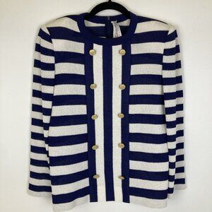 Vintage Striped Knit Back Zip Top Navy White Size Medium Preppy St. John Style